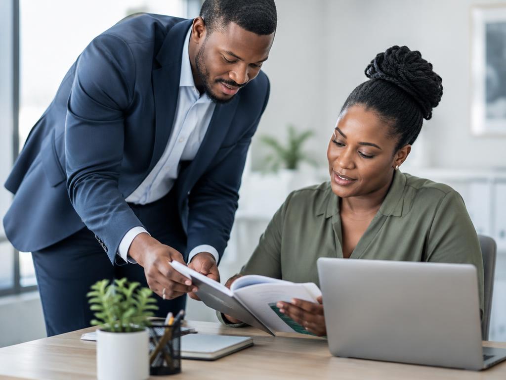 Consultant walking a business owner through a training guide