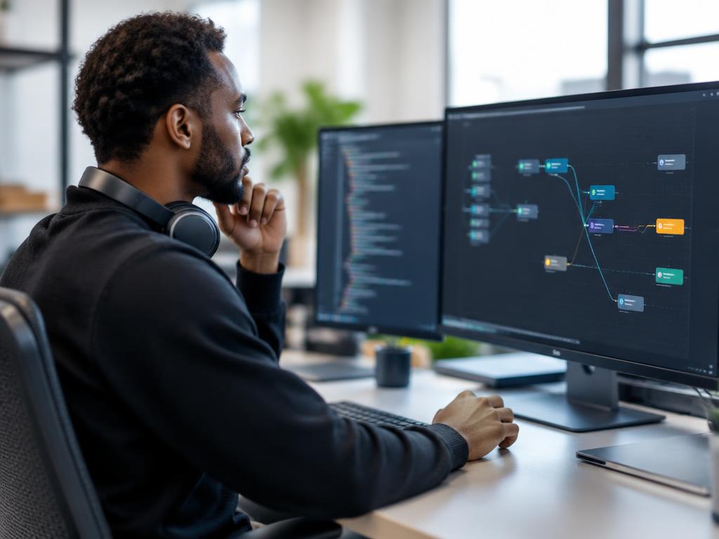 Developer building an automation workflow on dual monitors