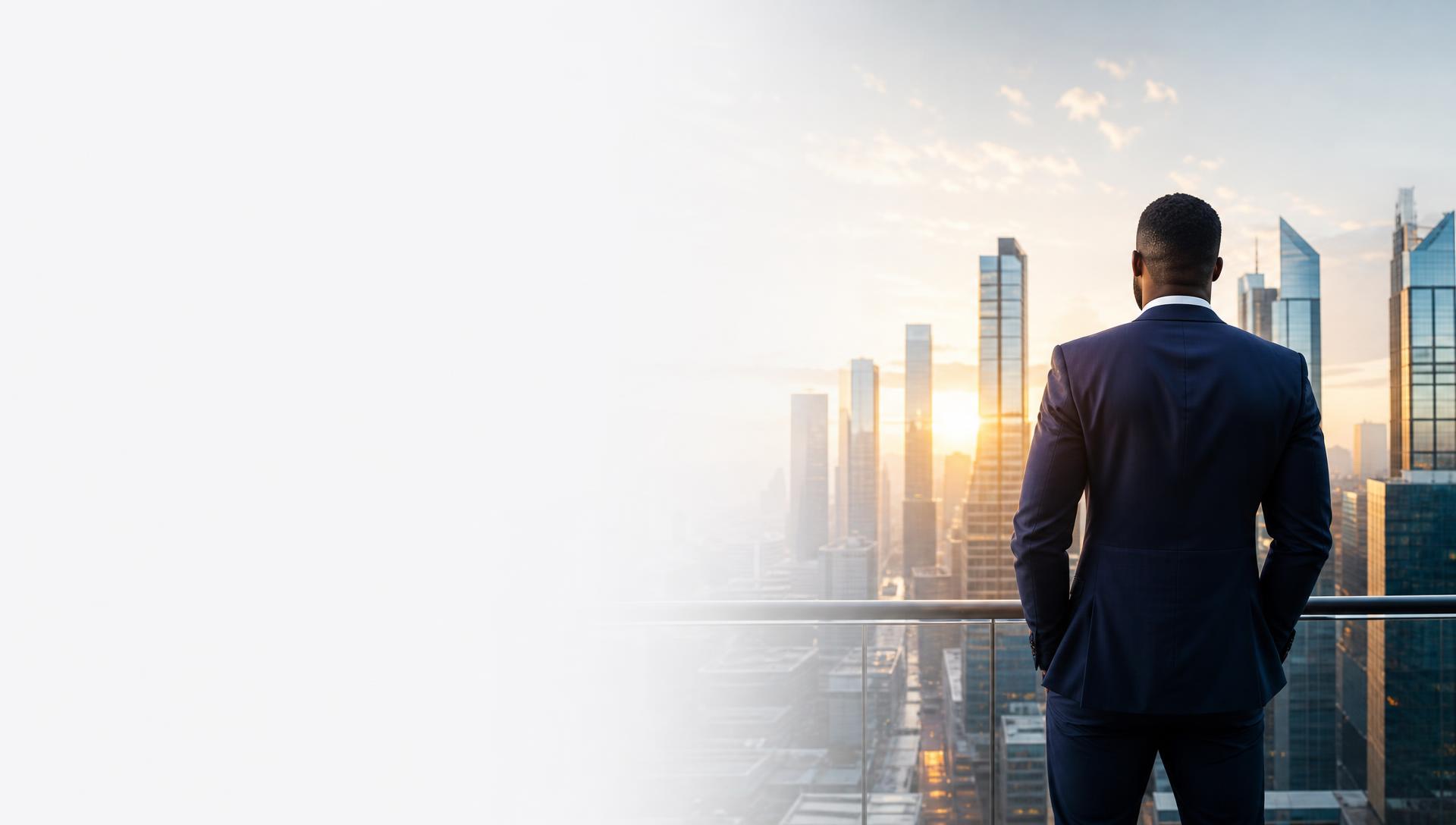 Business leader overlooking a modern city skyline at sunrise